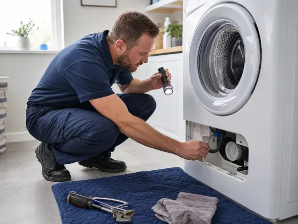 Professional Appliance Diagnostics Appliance technician inspecting a front-load washer