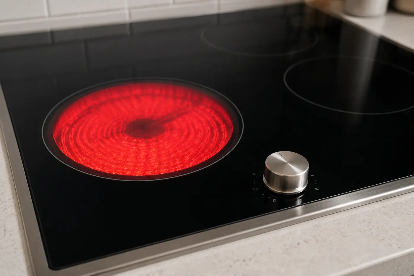 Glass cooktop radiant element glowing at maximum beside its control knob