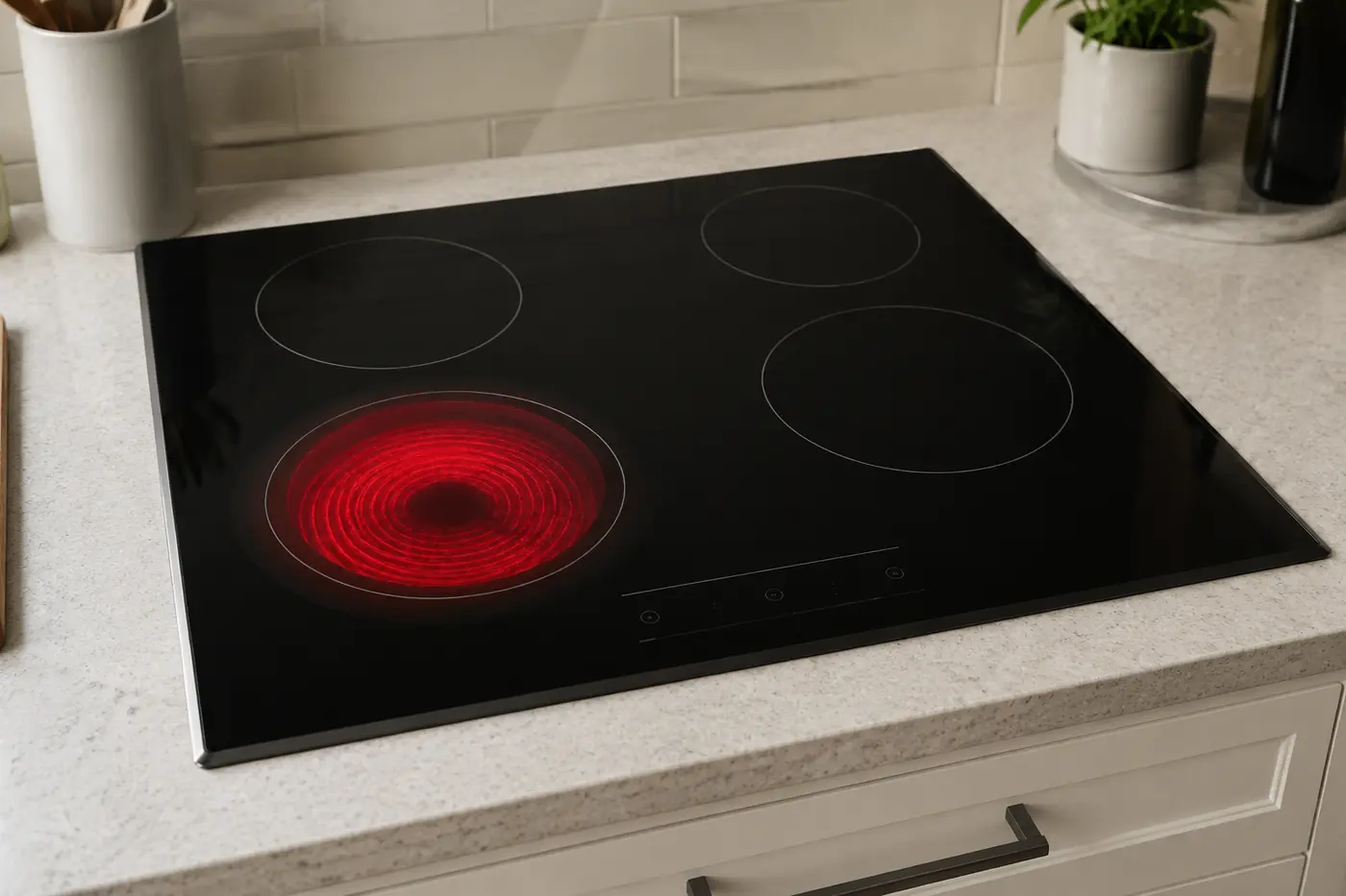 Black glass cooktop with one radiant cooking zone glowing strongly