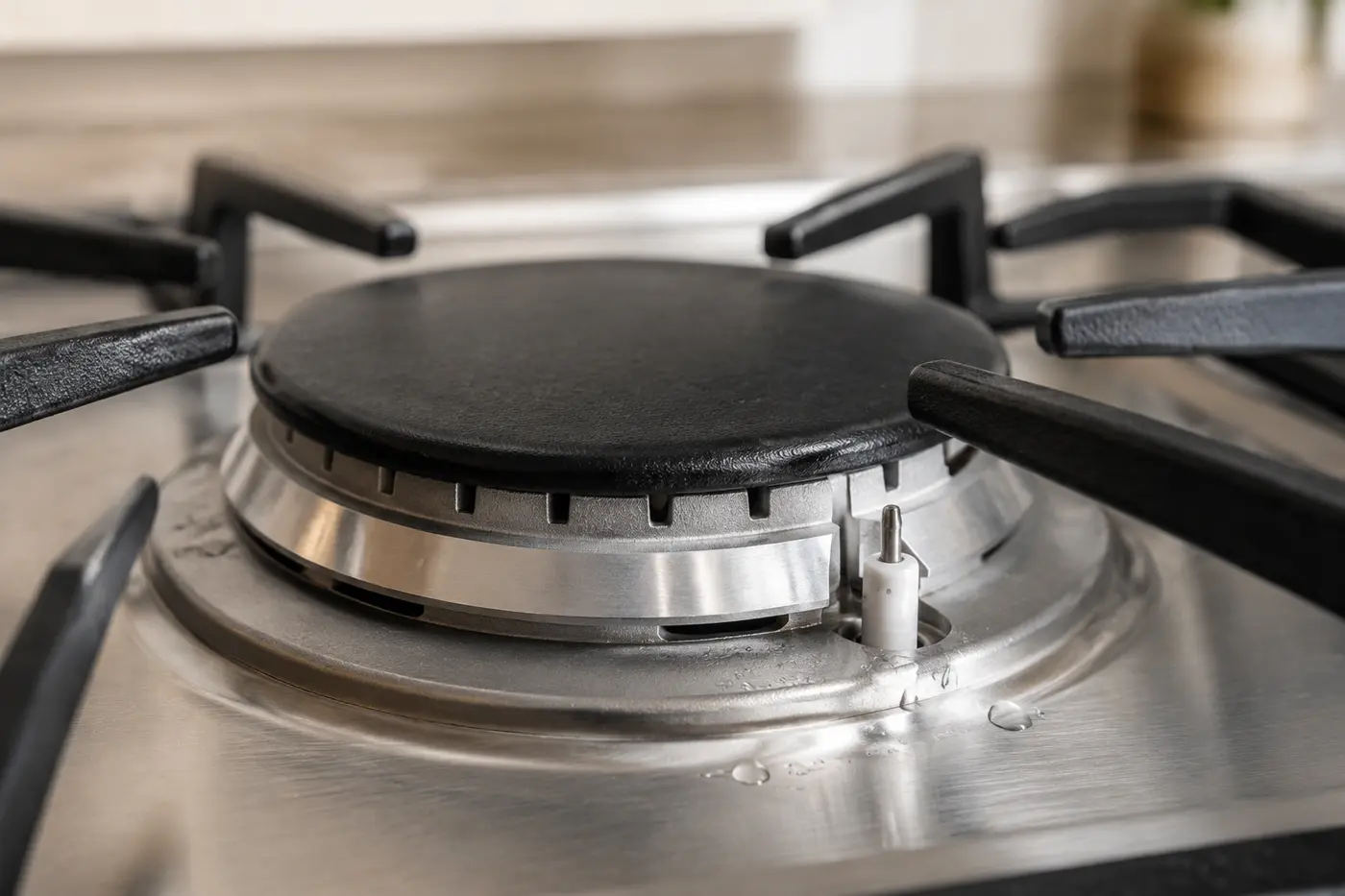 Close-up of a gas cooktop burner cap and ceramic igniter electrode