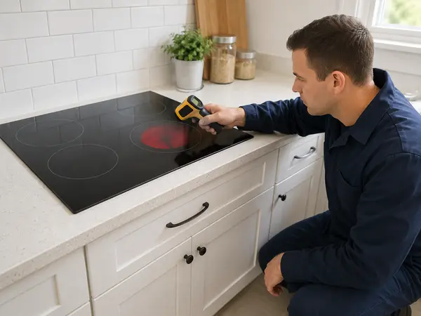 Technician checking a radiant electric cooktop element with an infrared thermometer