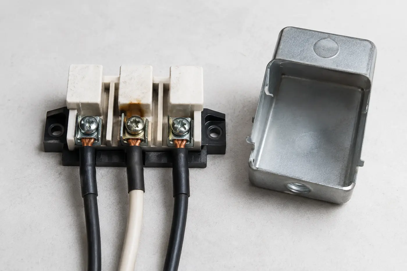 Three-terminal cooktop power block with localized heat discoloration