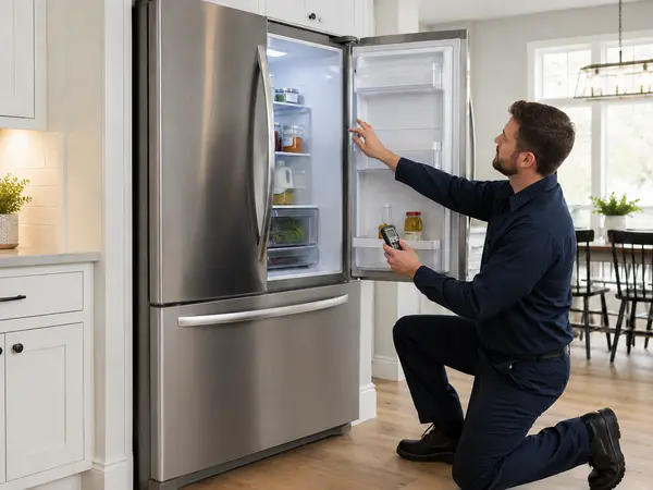 Appliance technician inspecting a French-door refrigerator in a modern kitchen