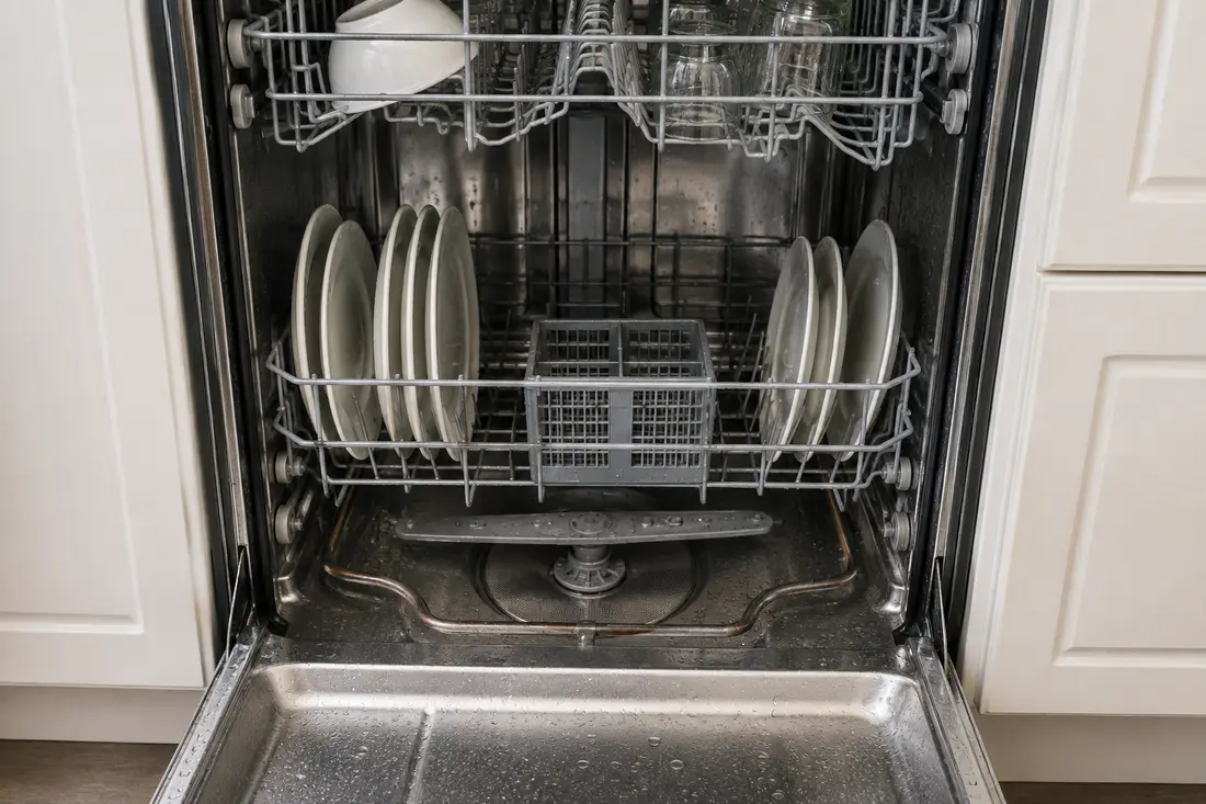 Wet dishwasher interior with heating element and water droplets