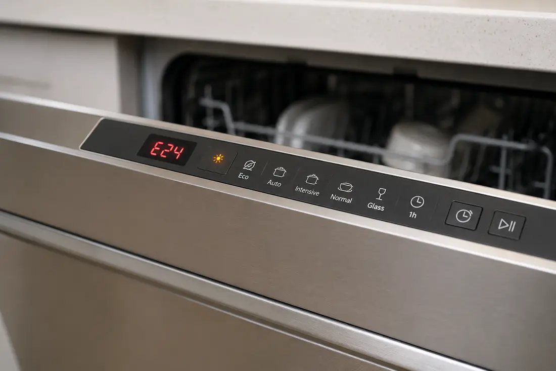 Dishwasher control panel displaying an E24 error code