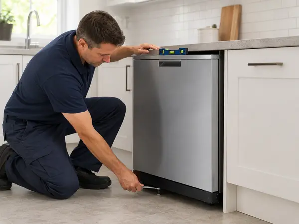 Technician levelling a dishwasher in an under-counter cabinet opening