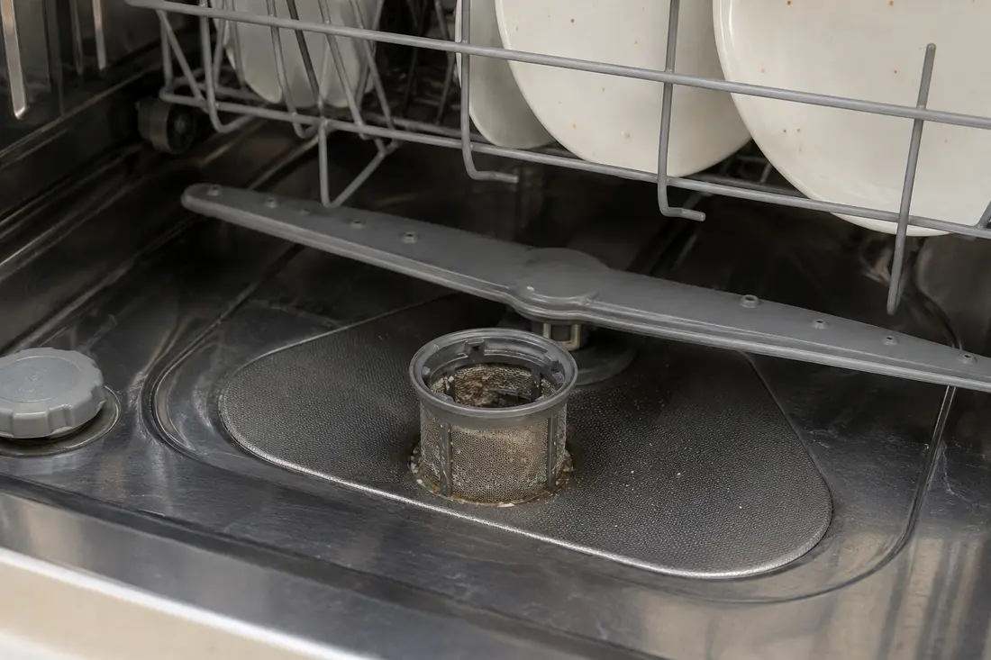 Clogged dishwasher filter and gritty residue on dishes