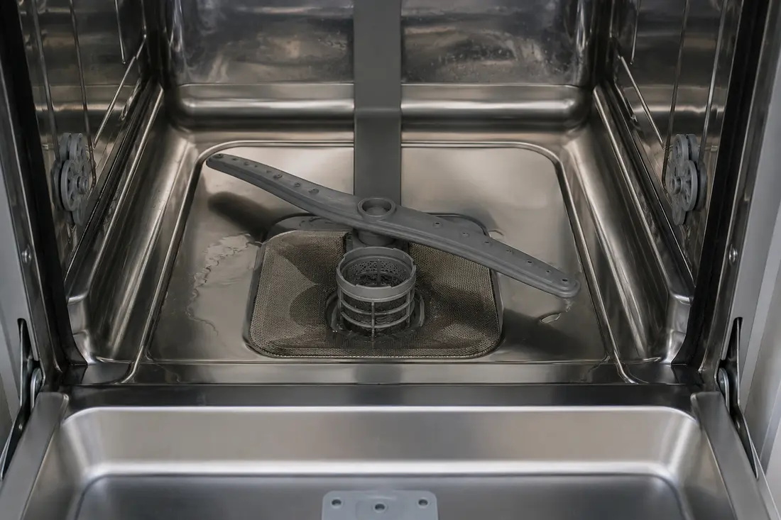 Standing water around the filter at the bottom of a dishwasher