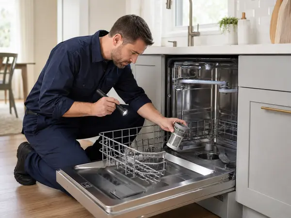 Technician inspecting the removable filter inside a dishwasher