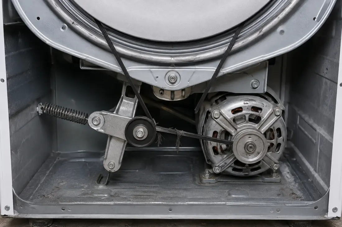 Dryer motor, idler pulley and frayed drive belt