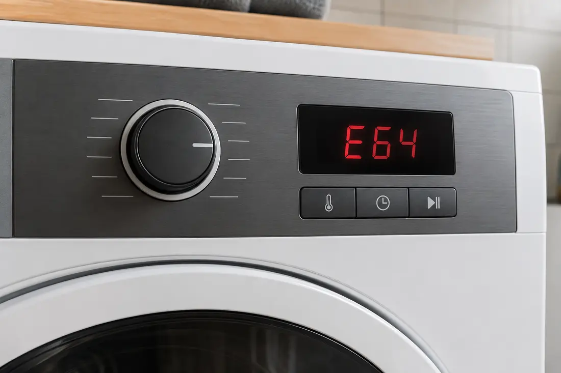 Dryer control panel displaying an E64 error code