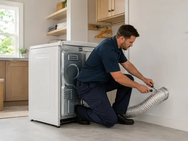 Technician connecting a metal vent duct during electric dryer installation