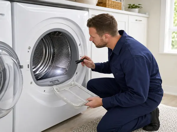 Technician visually inspecting the lint-filter housing inside a clothes dryer