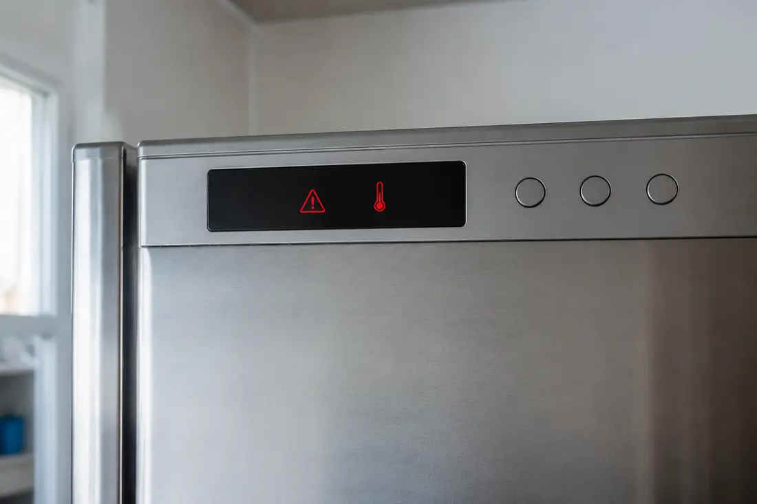 Freezer control panel showing a red warning triangle and thermometer icon