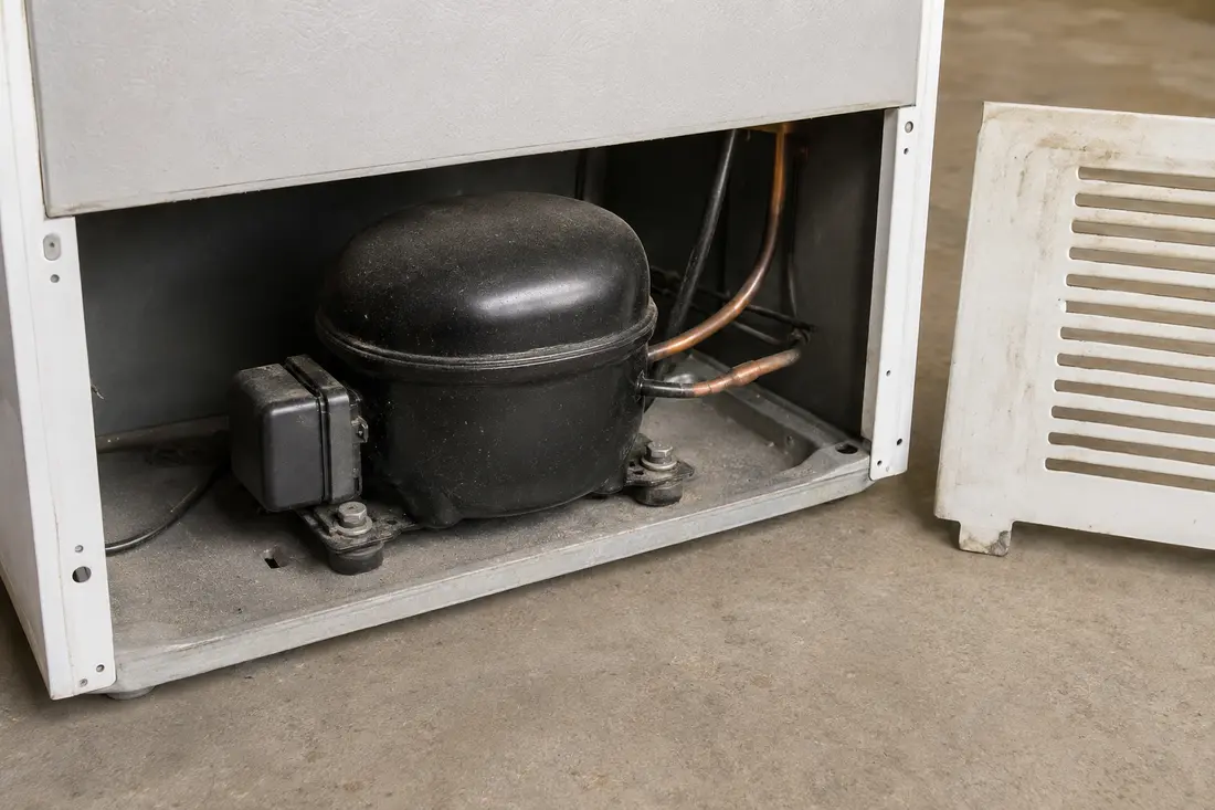 Freezer compressor mounted on rubber grommets with its start relay cover