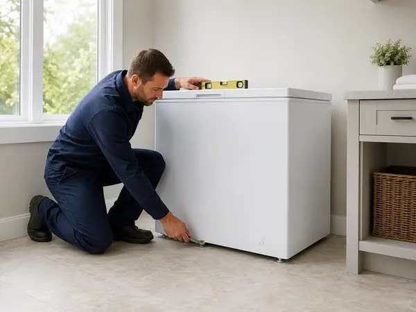 Freezer Installation Technician levelling a chest freezer in a bright utility room