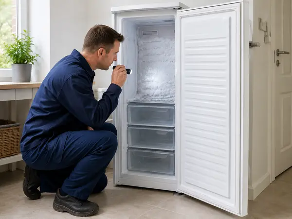 Technician inspecting frost inside an upright freezer with a flashlight