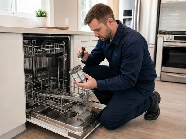 Technician inspecting a removable dishwasher filter during kitchen appliance maintenance