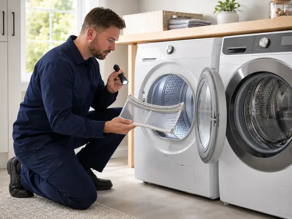 Technician inspecting a dryer lint screen beside a washing machine