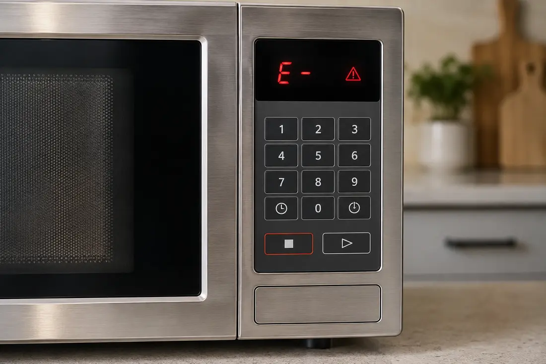 Microwave control panel displaying a red error symbol
