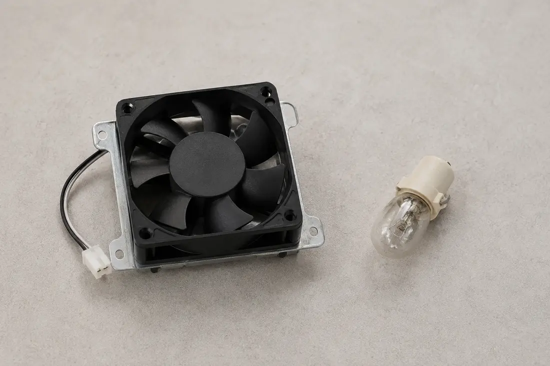 Microwave cooling fan assembly and appliance lamp