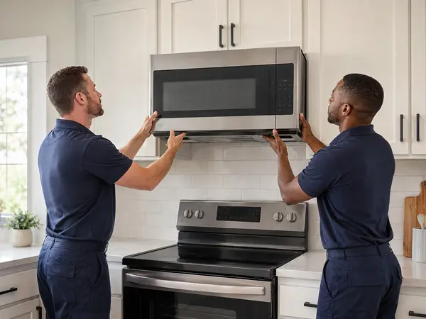 Two technicians lifting an over-the-range microwave into position