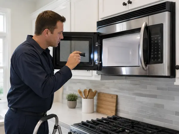 Technician visually inspecting an over-the-range microwave with a flashlight
