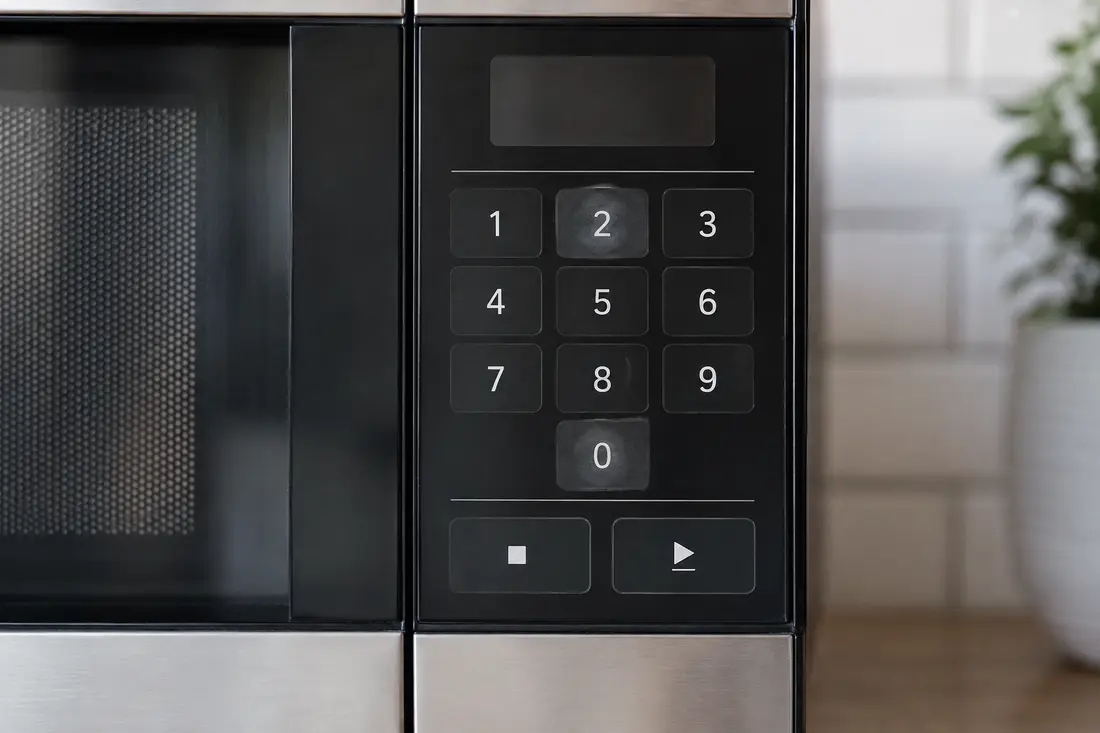 Microwave membrane keypad with visible wear on frequently used touch areas