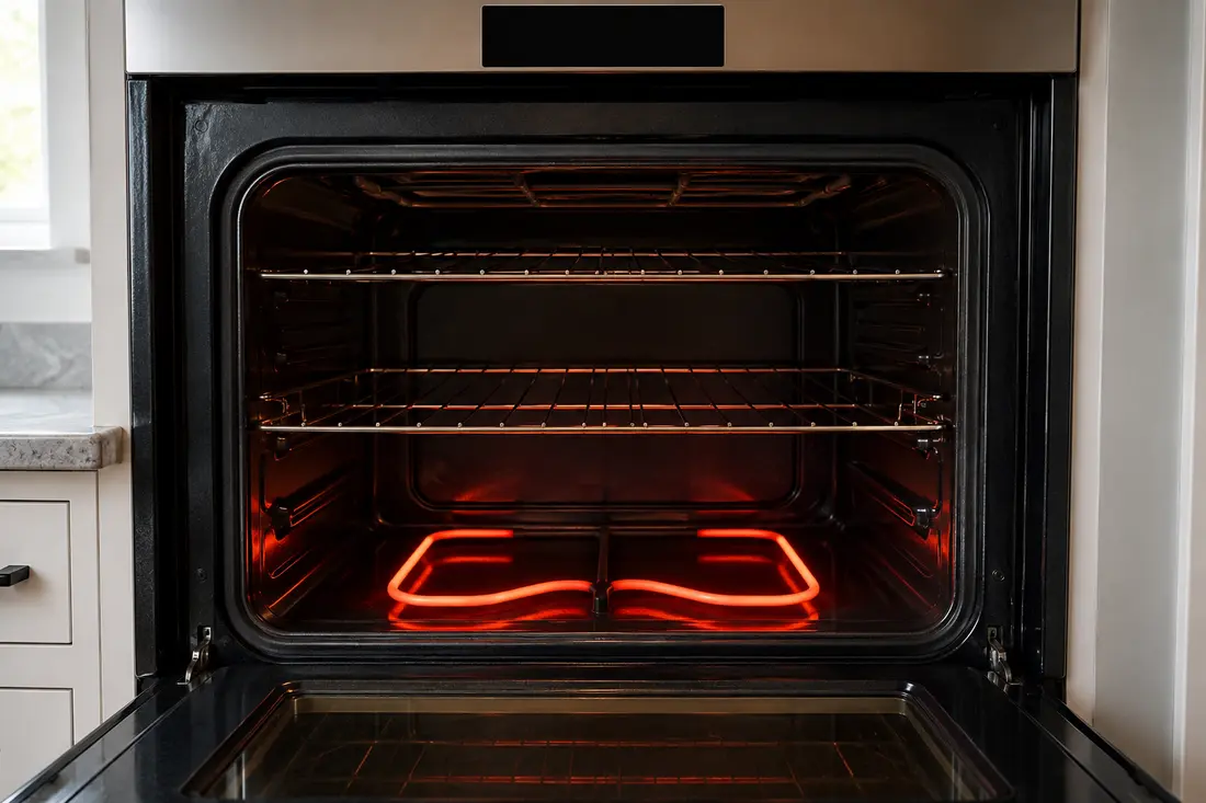 Lower bake element glowing inside a modern oven