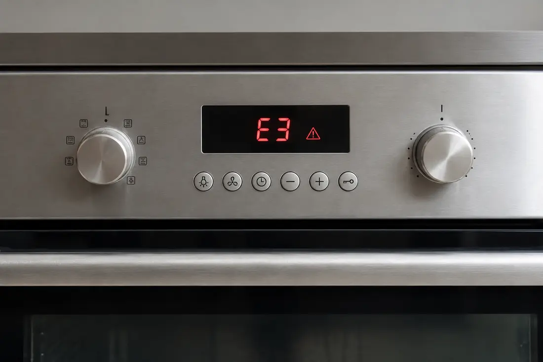 Built-in oven control panel showing error code E3
