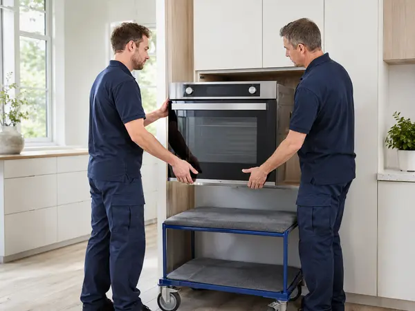 Two technicians installing an electric wall oven into a cabinet opening