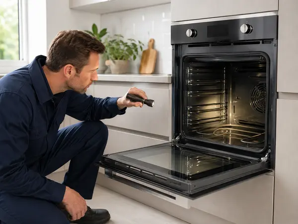 Technician visually inspecting the interior of an electric oven with a flashlight
