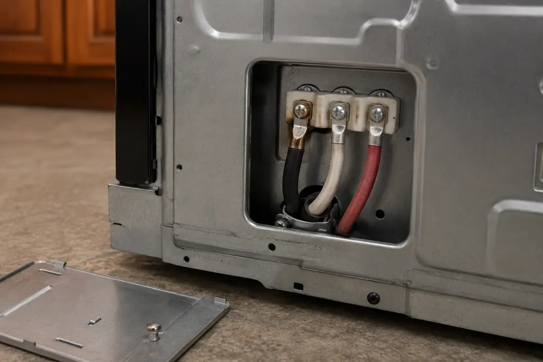 Oven rear terminal block with localized heat discoloration at one lug