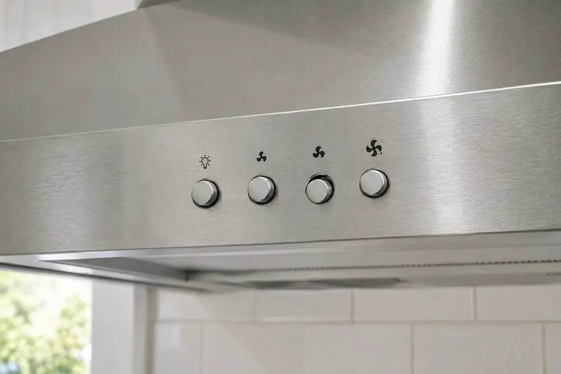 Stainless range hood control strip with four factory push buttons