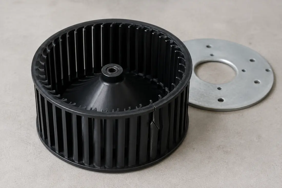 Range hood centrifugal blower wheel with one cracked vane