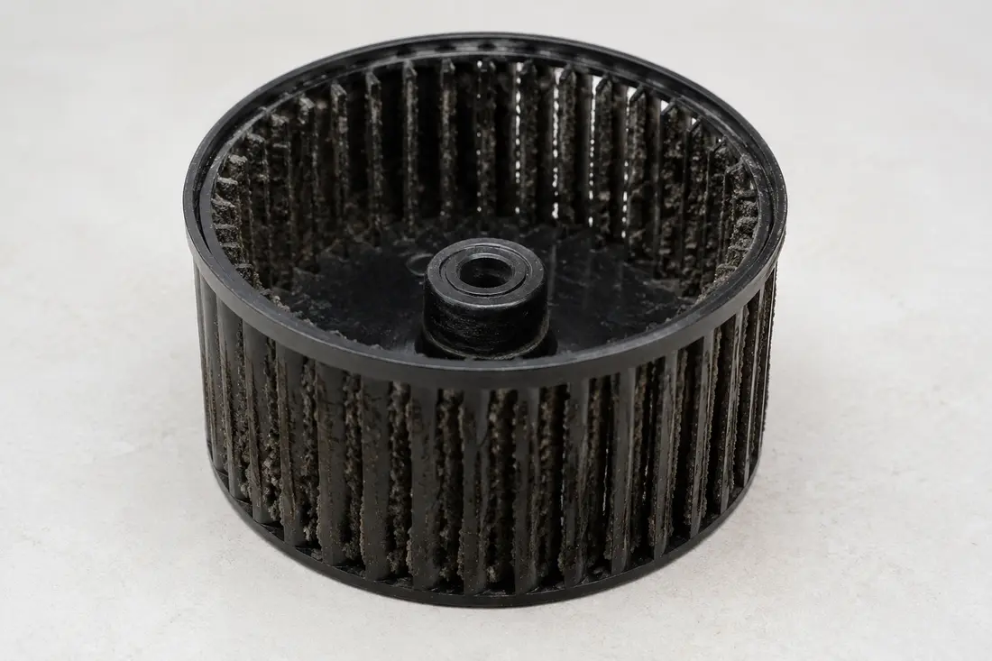 Range hood blower wheel with grease and dust buildup between its vanes