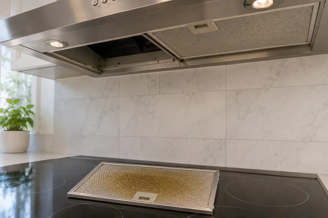 Grease-coated aluminum mesh filter below a stainless range hood