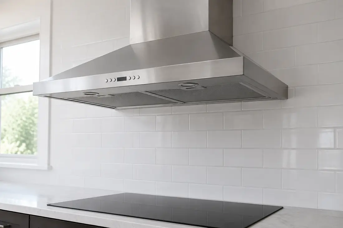 Stainless range hood with dark lights and a blank control display