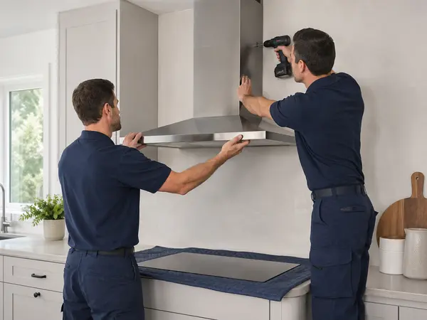 Two technicians supporting and securing a wall-mounted range hood
