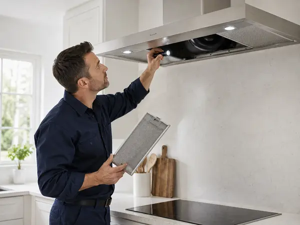 Technician inspecting a range hood blower inlet after removing the grease filter