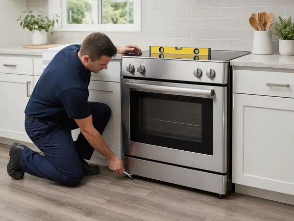 Technician levelling a freestanding electric range during installation
