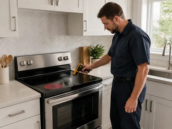 Technician checking the temperature of an electric range element with an infrared thermometer