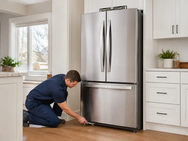 Technician levelling a refrigerator in a bright modern kitchen
