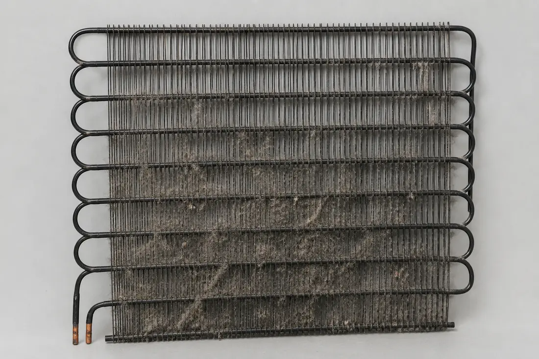 Dust-clogged refrigerator wire-on-tube condenser coil