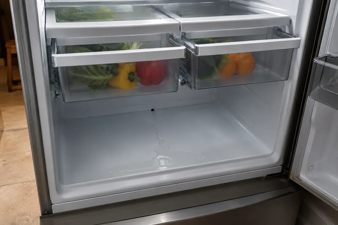 Water pooled beneath refrigerator crisper drawers
