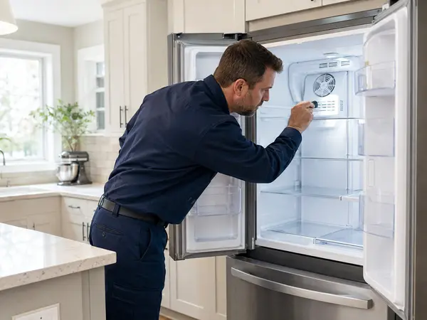 Technician visually inspecting a refrigerator interior with a flashlight