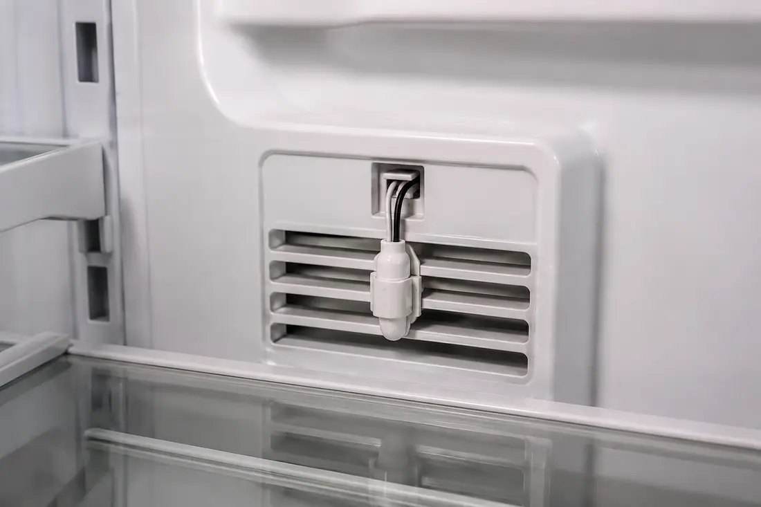 Refrigerator temperature thermistor mounted by the air vent