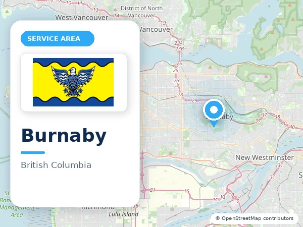 Map of Burnaby, BC with the City of Burnaby municipal flag