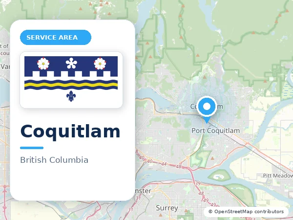 Map of Coquitlam, BC with the City of Coquitlam municipal flag
