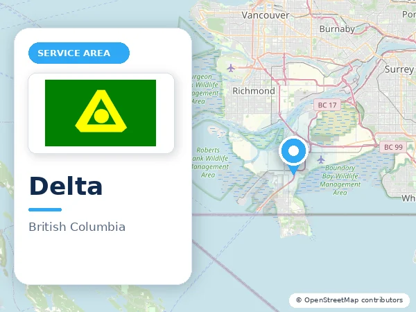Map of Delta, BC with the City of Delta municipal flag
